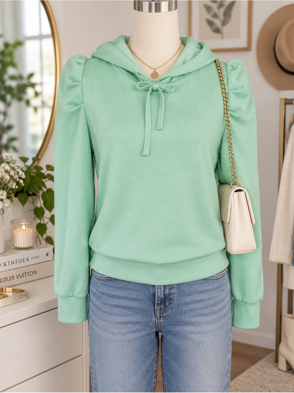 Women's Seafoam Mint Blue Green Hoodie with Puff Sleeves